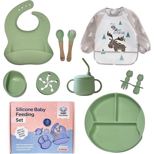 Silicone Baby Feeding Set, Eating Utensils with Suction Plate and Bowl, Baby Led Weaning Supplies, Toddler Self Feeding Dish Set, Waterproof Bib, Baby Feeding Essentials, Spoon 10pcs (Green)