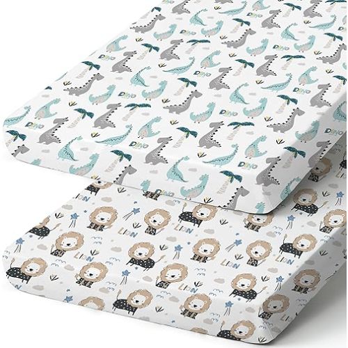 Pack n Play Sheets, BROLEX 2 Pack Mini Crib Sheets,Stretchy Portable Fitted Playard Sheet Set, Convertible Playard Mattress Cover,Ultra Soft Breathable Material,Dinosaur Lion
