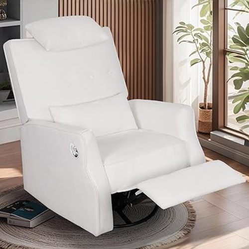 Nursery Swivel Glider Recliner Chair Chenille Upholstered Accent Glider Rocker Recliner with Headrest and Lumbar Support Pillow for Nursery Living Room Bedroom (White)