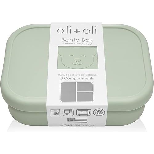 Ali+Oli Silicone Bento Box (Pine) Lunch Box for Kids, Toddlers, Preschoolers & Adults | BPA-Free and Spill-Proof | Ideal for School, and On-the-Go Meals| Perfect for Lunch, Snacks, and Meals