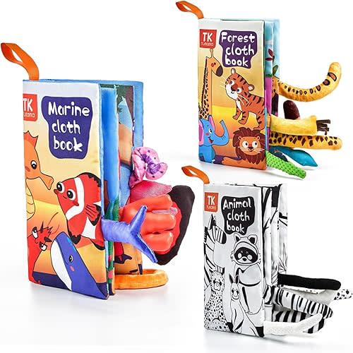 TUMAMA Baby Books 0-6 Months, Soft Cloth Books for Babies Infants Toddler, Touch and Feel Crinkle Cloth Books 6 to 12 Months, Early Development Interactive Toys Gifts for Boys Girls - 3PCS