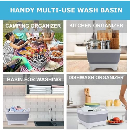 Dishpan For Washing Dishes,9L Collapsible Dish Tub Portable Sink,Wash Dish Basin,Foldable Laundry Tub,Washing Basin with Drain Plug,Dishpan for Kitchen Sink,Camping Dish Washing Tub,Gray