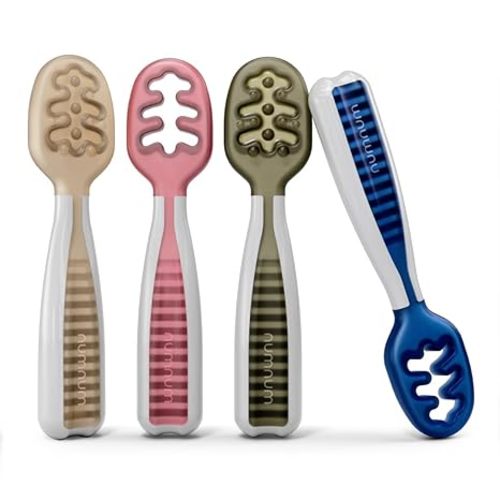 NumNum Baby Spoons Set, Baby Essentials Pre-Spoon GOOtensils for 6+ Months, First Stage Self-Feeding Spoons for Baby Led Weaning (BLW), Silicone Toddler Utensils, BPA-Free, 4 Pack Neutrals