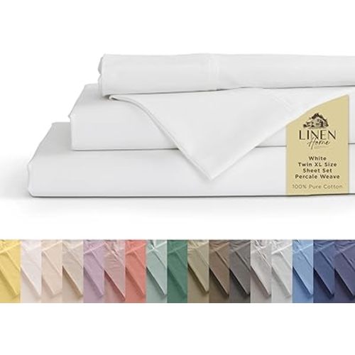 100% Cotton Percale Sheets Twin XL Size, White, Deep Pocket, 3 Pieces Set - 1 Flat, 1 Deep Pocket Fitted Sheet and 1 Pillowcase, Crisp Cool and Strong Bed Linen