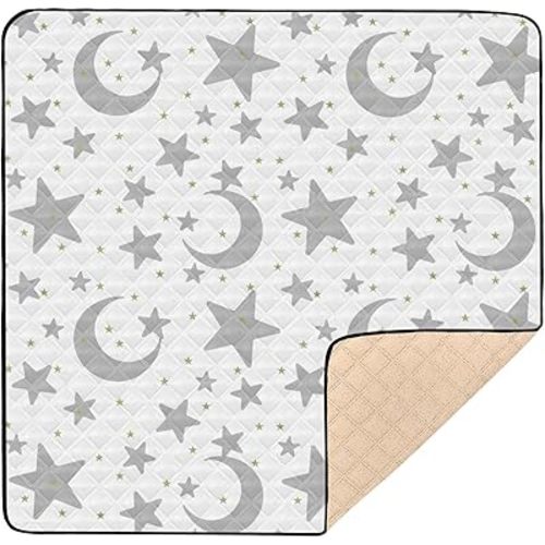 Baby Play Mat Stars Moon Pastel Grey 50 x 50 Playpen Mat Baby Play Mats for Floor Play Gym Crawling Mat Non-Slip Cushioned Baby Playmat for Infants, Babies, Toddlers