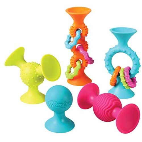 Fat Brain Toys PipSquigz Combo Set - 2 PipSquigz Loops and 3 Rattling PipSquigz in Zippered Storage Case - BPA-Free Silicone Suction Early Learner Toys