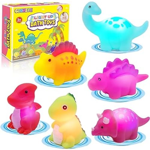 Light-Up Dinosaur Bath Toys - 6 Pack Baby Bath Toys Baby Bathtub Shower Floating Swimming Pool Toy with Colourful Flashes Light for Toddlers Kids Gifts in Birthday Christmas Bathroom