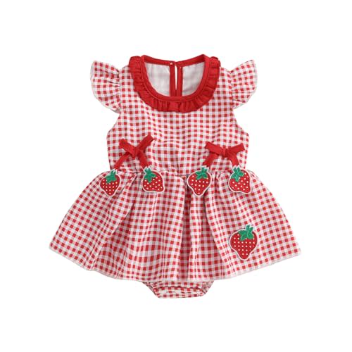 WASAIGOOD Newborn Strawberry Onesie Romper Baby Girl Summer Clothes Strawberry Outfit Toddler Girl Plaid Romper Dress 0-18M