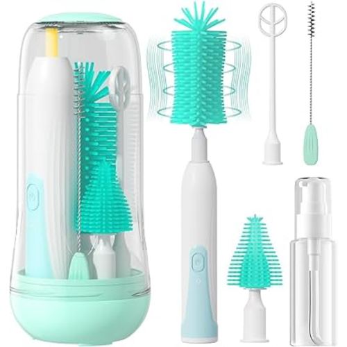 Electric Bottle Brush Cleaner for Travel, Rechargable Electric Baby Bottle Brush Cleaner with Nipple & Straw Brush, Waterproof Baby Bottle Brush Set, Perfect Essentials for Mom After Birth, Green