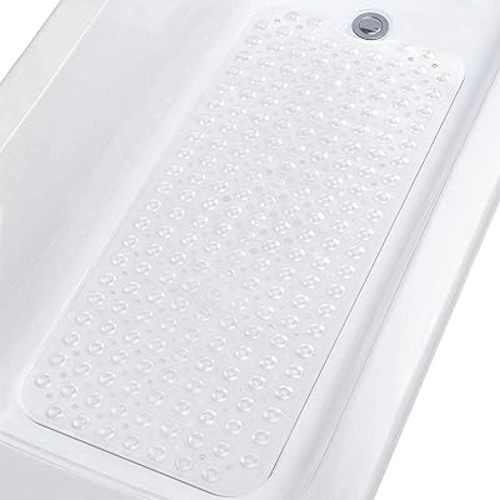 Topotdor Baby Bath Mat for Tub for Kids, 40 X 16 Inch Extra Long Toddler Bathtub Mat Non Slip, Machine Washable Bathroom Shower Floor Mat with Suction Cups & Drain Holes, Clear