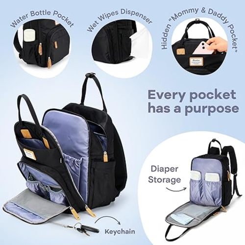 RUVALINO Diaper Bag Backpack, Multifunction Travel Back Pack Maternity Baby Changing Bags, Large Capacity, Waterproof and Stylish, Black