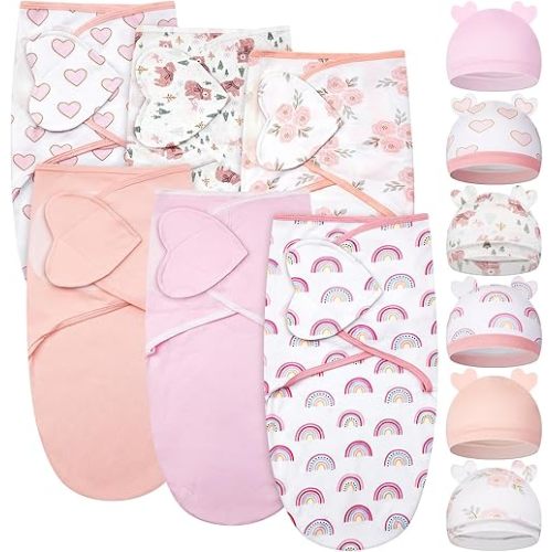 Ramede 6 Pack Baby Swaddle Blanket with Hats Sleep Swaddle for 0-3 Months Newborn Sacks Soft Cotton Wearable for Boy Girl