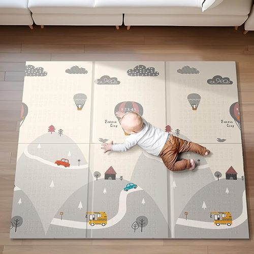 Baby Play Mat, 59" X59 " Extra Large Foldable Baby Mat for Playtime and Tummy Time, Thick Foam Play Mat for Baby, Waterproof, Reversible Portable Playmat for Babies and Todders, Indoor&Outdoor Use - 59X59X0.4 Inch - Balloon