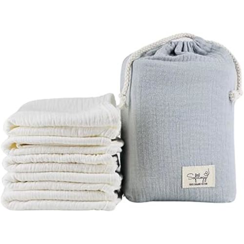 Baby Burp Cloths 100% Organic Cotton White, Large Size 50x25cm, Set of 5 Made from 100% Muslin Cotton, Extra Thick and Soft, Ultra Absorbent, GOTS Certified by Softlogy