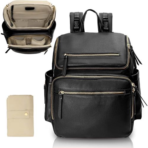 Diaper Bag Backpack Baby Diaper Bag Leather with 17 Diaper Bag Organizing Pouches,Changing Pad,Stroller Straps,4 Insulated Pockets,Black