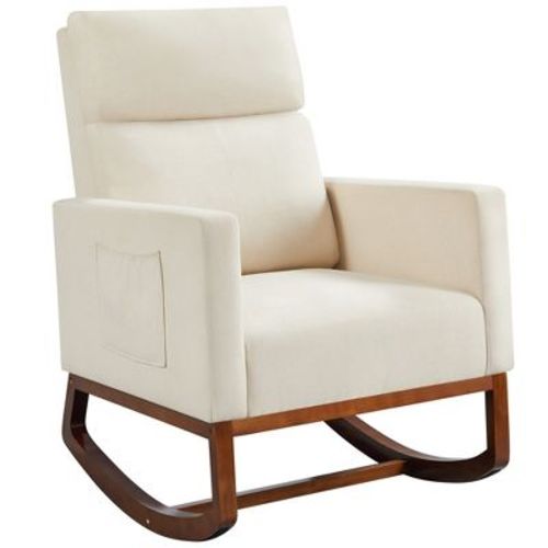 Yaheetech Upholstered Rocking Chair With Rubber Wood Legs And Side Pockets-beige