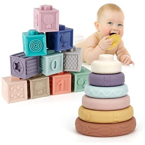 Mini Tudou Baby Blocks & Stacking Circles Toy Set, Baby Sensory Building & Teething Toys Educational Squeeze Play with Animals Shapes Textures Numbers, Best for Toddlers Babies 6m+