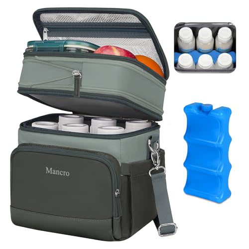 Mancro Breastmilk Cooler Bag with Ice Pack, Expandable Double Layer Breast Pump Bag Fits 6 Bottles Up to 9 Ounce, Baby Bottle Bags for Nursing Moms, Insulation Breast Milk Cooler Travel, Dark Grey