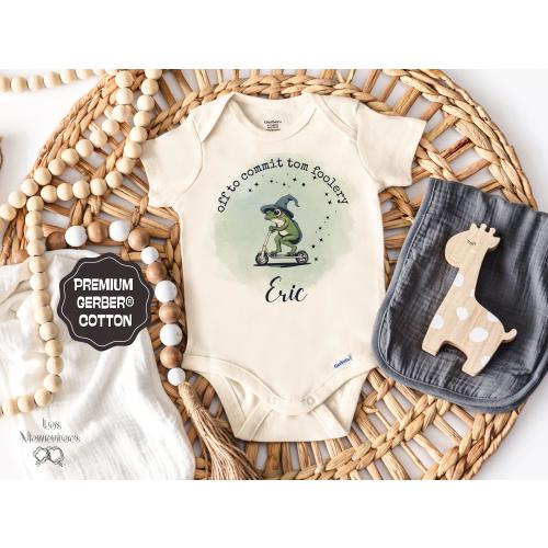 Frog Baby Onesie® Funny Infant Bodysuit “Off to Commit Tomfoolery” Personalized Baby Shower Gift Cute Woodland Animal Outfit