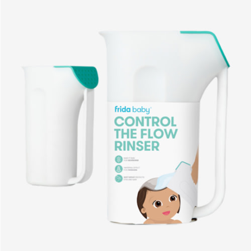 Frida Baby Control The Flow Bath Rinse Cup, Tear Free Rinser to Wash Hair and Body with Easy Grip Handle and Removable Rain Shower, Made in USA