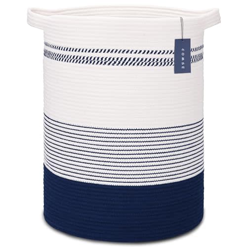 COMSE Extra Large Blanket Basket, Tall Laundry Basket, Nursery Hamper, 15.7”x 21.7”, Cotton Rope Woven Laundry Hamper for Storage Toys Clothes Towels, Navy Blue & White