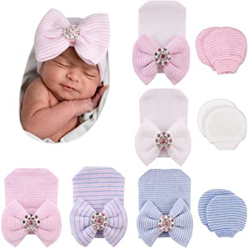 BQUBO Newborn Baby Caps Mittens for Baby Girls Baby Hats Scratch Mitten Gloves Set Soft Hospital Hat Infant Hats with Bow