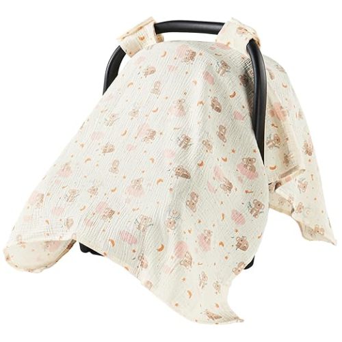 100% Muslin Cotton Car Seat Cover for Baby, Soft Breathable Car Seat Canopy, Universal Infant Carseat Cover Sun Protector, Lightweight Summer Stroller Cover for Boys Girls - Strawberry