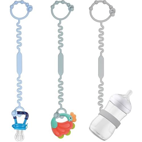 Toy Straps, Pacifier Holder Clip with Self-Adjusting Bayonet, Pure Silicone Material Without BPA; Can Be Used for Teethers, Feeding Bottles, Toys, Baby Cribs, High Chairs(Blue-3ps)