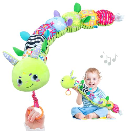 Infinno Baby Musical Stuffed Sensory Toys for Girls and Boys, Infant Soft Security Toys for Newborns 0-3-6-12 Months with Crinkle and Rattles, Caterpillar, Green