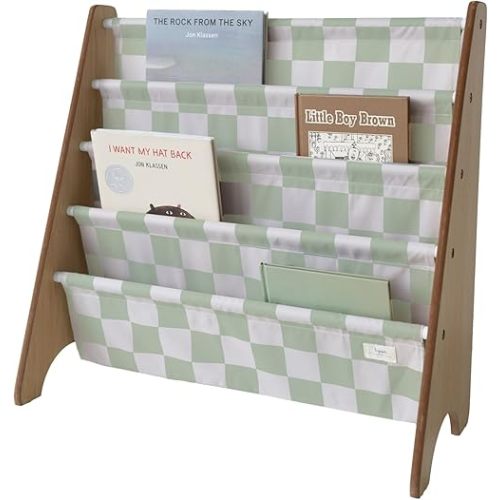 3 Sprouts Recycled Fabric Kids Bookshelf – 4-Tier Sling Book Rack Organizer - Nursery Room Playroom Classroom Wooden Book Shelves - Kid Bookcase Wood Storage Shelf for Toddler Age 3+ - Checkered Green