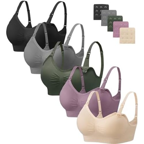 Angelhood Nursing Bra 5 Pack Womens Maternity Breastfeeding Seamless Wireless Sleep Bra with Extenders
