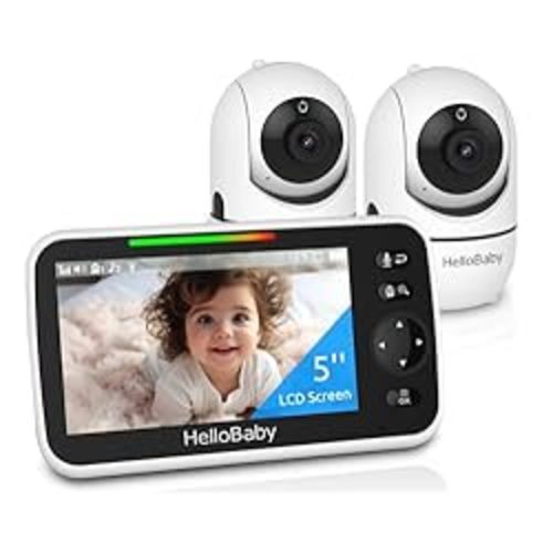HelloBaby Upgrade 5’’ Baby Monitor with 26-Hour Battery, 2 Cameras Pan-Tilt-Zoom, 1000ft Range Video Audio Baby Monitor No WiFi, VOX, Night Vision, 2-Way Talk, 8 Lullabies and Temperature - 2Cams-HB6550