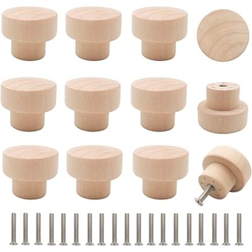 16PCS Wood Knobs Flat Top Round Cabinet Knobs 1.39"(35mm) Unfinished Wooden Dresser Drawer Pulls Kitchen Cabinet Handles