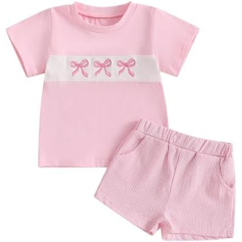 Toddler Baby Girl Short Outfit Bow Embroidery Short Sleeve Cotton T-Shirt Gingham Plaid Shorts 2Pcs Summer Clothes