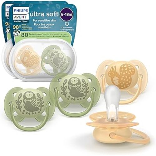Philips Avent Ultra Soft Pacifiers - Orthodontic Design, for Babies 6-18 Months, Flexible Shield, Silicone Symmetrical Nipple, BPA-Free, 2 Sterilizing Cases, 4 Pack, SCF091/52