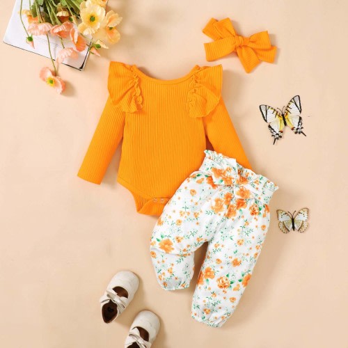 Kayannuo Baby Girl Clothes Long Sleeve Fall Winter Clearance Newborn Baby Girl Clothes Infant Outfits Ruffle Sleeve Romper Bodysuit Floral Pants Toddler Girl Outfits,Yellow