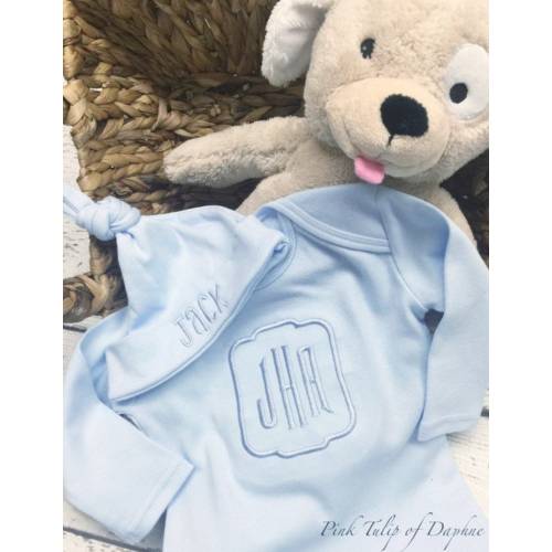 Infant boy gown, newborn gown, tone on tone, Baby Boy Monogrammed Infant Gown, Classic newborn gown, Monogramed baby gown, Going home outfit