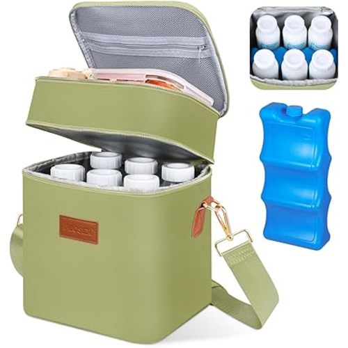 PIIOSER Breastmilk Cooler Bag with Ice Pack Fits 6 Baby Bottles Up to 9 Ounce, Insulated Baby Bottle Tote Bags, Double Layer Waterproof Leak-Proof with Shoulder Strap for Nursing & Working Mom (Green)