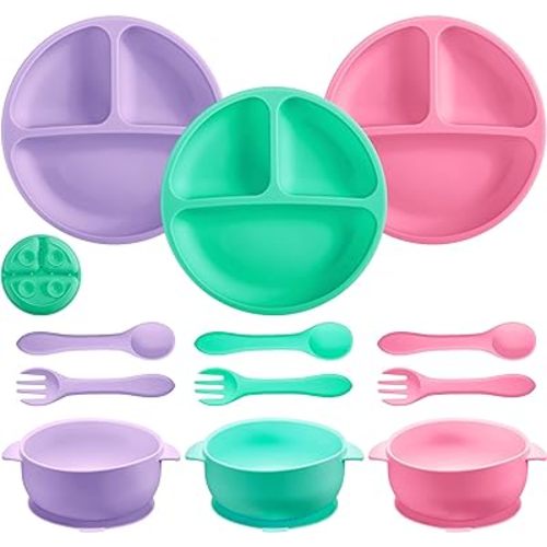 Chengu 12 Pcs Silicone Bowl with Suction Set for Baby Toddler with Suction Plate, Spoon and Fork, Divided Design Baby Feeding Utensils Weaning Kit, Dishwasher and Microwave Safe