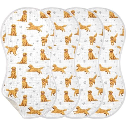 4 Pack Muslin Burp Cloths Golden Dogs Paw Prints White Cotton Baby Burp Cloths Ultra Absorbent and Soft Thick Burping Cloth for Newborn Boys Girls 22x11 Inch