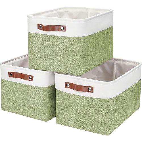 Bagnizer Storage Bins Large Fabric Storage Baskets for Shelves 3 Pack, Decorative Linen Closet Baskets with Handles for Organizing, Shelf, Clothes, Home, Office, 15x11x9.5Inches (Green&White)