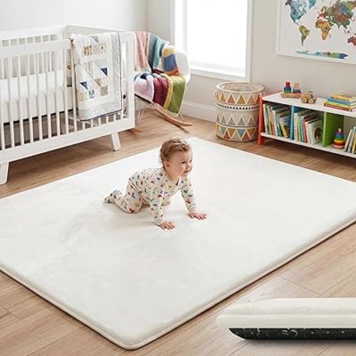 1.5" Thick Baby Play Mat for Floor, 59x79 Playpen Mat, Pro Soft Flannel Foam Mats Toddler Infant Kids Crawling for Nursery Rug Playroom Living Room Waterproof Easy Care Non-Slip (Cream)