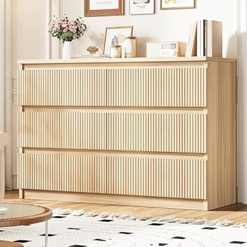 6 Drawer Dresser for Bedroom, Boho Fluted Dresser with Deep Drawers, Large Double Natural Wood Chest of Drawers for Living Room, Hallway, Entryway (Wood)