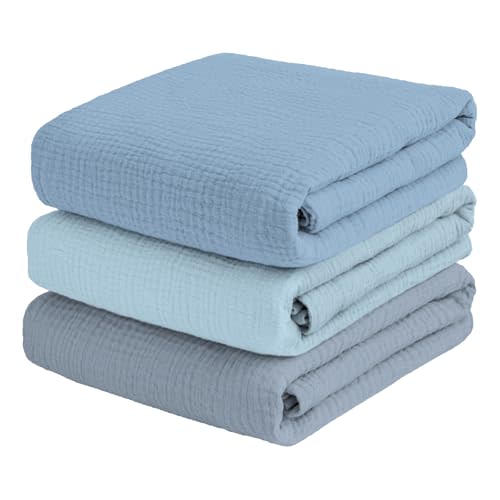 breebleep Muslin Swaddle Blankets for Baby Boy - 3 Pack 47x47 Inch Large Receiving Blankets, Soft Breathable Cotton Nursery Swaddles for Newborn, Infant & Todler, Blue