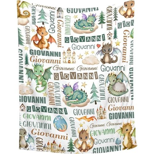 Personalized Baby Blanket for Girls Boys Dragon Custom Baby Blanket with Name Swaddle Blanket for Toddlers Infants Kids Shower Newborns Nursery Stroller Crib Decor Throw Birthday Gift