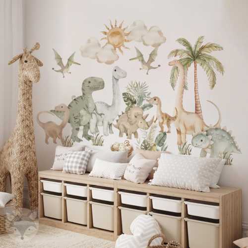 Watercolor Dinosaur Wall Decals, Pastel Dinosaur Wall Stickers, Kids Room Decor, Dino Nursery Wall Art, Baby Room Dinosaur Theme Decor