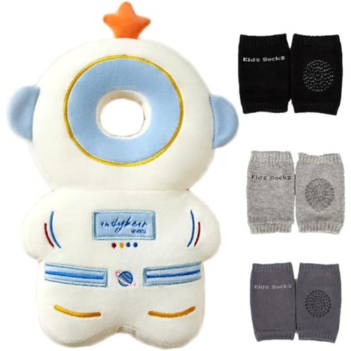 Baby Head Protector Cushion Backpack with 3 Baby Knee Pads for Walking & Crawling - Beige Astronauts