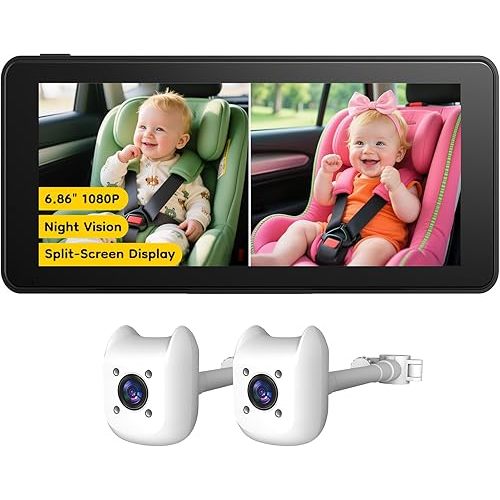 ELECROW Dual Baby Car Camera for 2 Kids - 6.86" 1080P Split-Screen Baby Monitor for CarSeat, 360° Full Rotation, IR Night Vision, Plug & Play Backseat Monitor for Twins & Siblings, Easy Install, Gifts