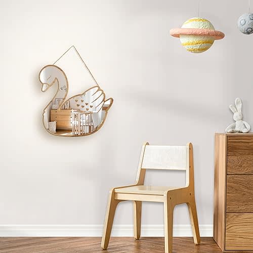 Sinco Acrylic Decorative Natural Wood Framed Swan Shaped Wall Mirror Decor for Nursery Kids Room 14.76" x 14.36" x 0.2'' Thick Framed Fogless Mirror
