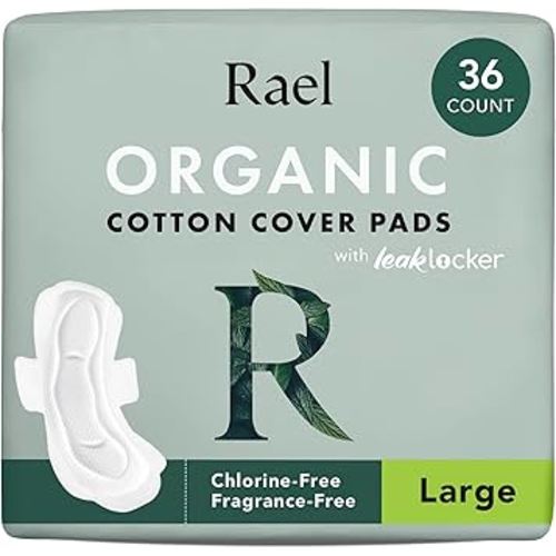 Rael Pads for Women, Organic Cotton Cover - Period Pads with Wings, Feminine Care, Sanitary Napkins, Heavy Absorbency, Unscented (Large, 36 Count)